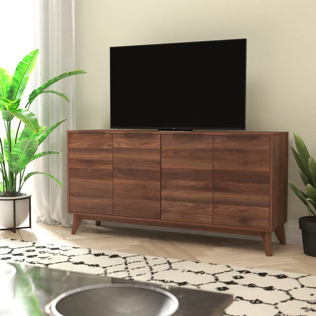 Hatfield Mid-Century Modern 60 Inch 4 Door Storage Buffet Sideboard, 4 Soft C...
