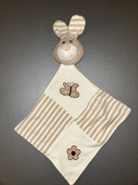 Peluche doudou lapin plat Soft Friends LGRI blanc beige papillon fleur rayé TTBE