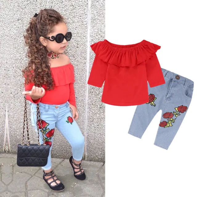 Toddler Kids Baby Girls Solid Tops Floral Denim Pants Outfits Summer Clothes Set