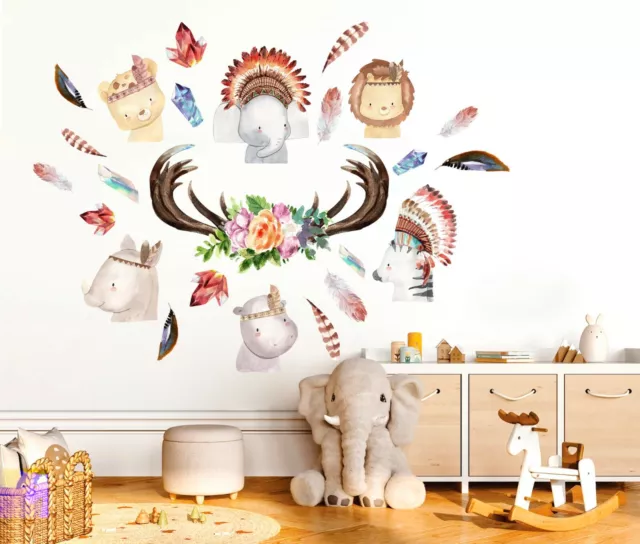 Bohemian Deer Head Indian Baby elephant lion zebra Wall Decal Sticker Room decor