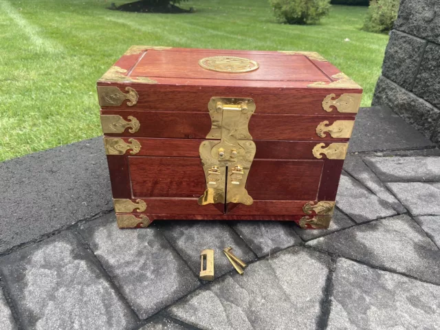 VTG Asian Chinese Wood Brass Mounted Multi Drawer Jewelry Box With Original Key