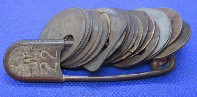 Antique Coal Mining W22 Clothes Pin W/ 20 Brass Check Tags I.d Mine Badges