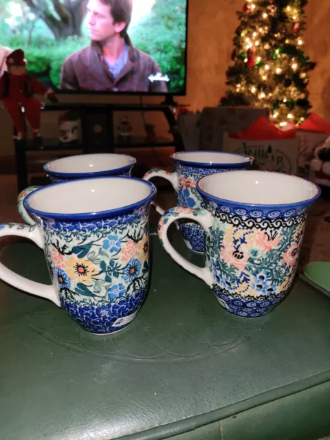 Polish Pottery Set of 4 Coffee Mug 12 Oz. Floral Garden Unikat Signature Pattern