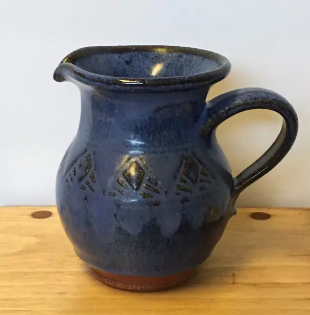 Pottery Redware/ Terracotta Brown & Blue Drip Cream Pitcher 3 3/4” Artist Signed