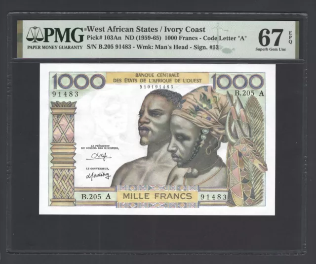 West African States / Ivory Coast 1000 Francs ND(1959-65) P103An UNC Grade 67