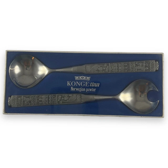 VINTAGE KONGE TINN Norwegian Pewter Serving Spoons Box Salatsett nr