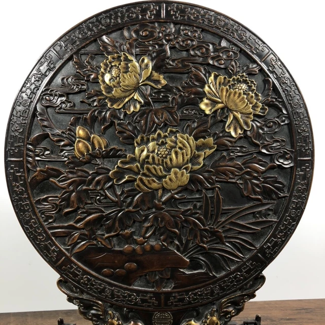 Chinese Exquisite Handmade Flowers Gilt Bronze Statue Screen 2