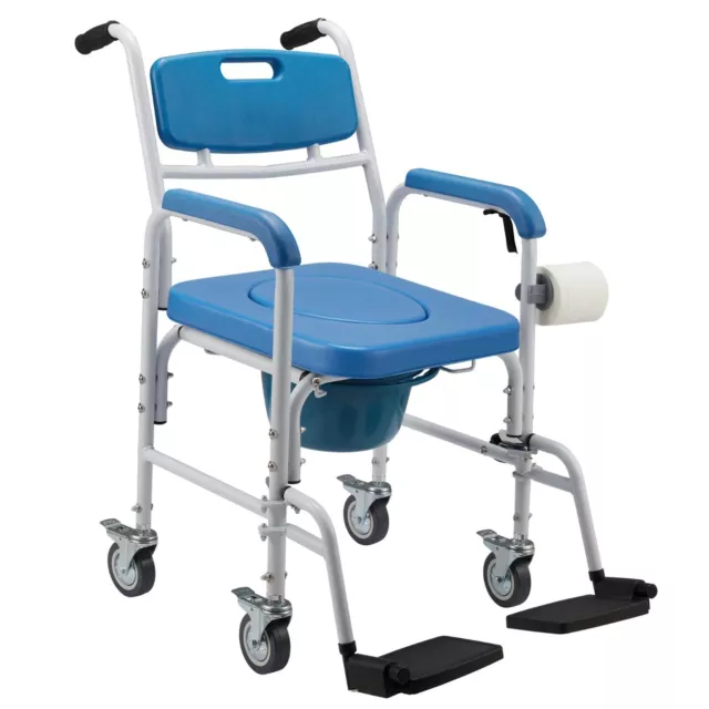 3-IN-1 Wheeled Mobile Toilet Commode, Shower Chair Wheelchair  Footrests | New