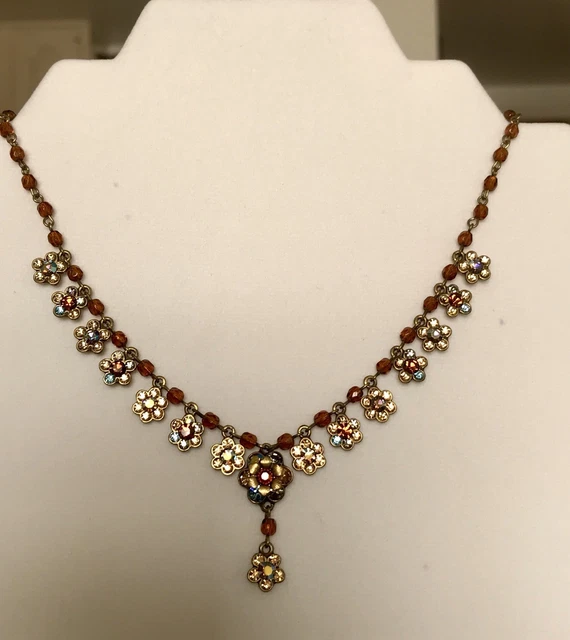 Michal Negrin Necklace Swarovski Crystal Flower Gold Brown Blue Pendant Style