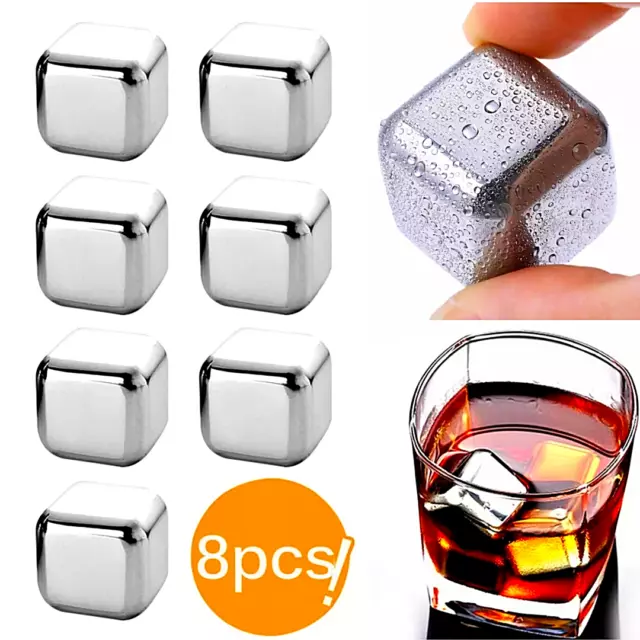 8 piezas Cubo de Hielo de Acero Inoxidable para Whisky Bebidas Barra Suministros Reutilizables