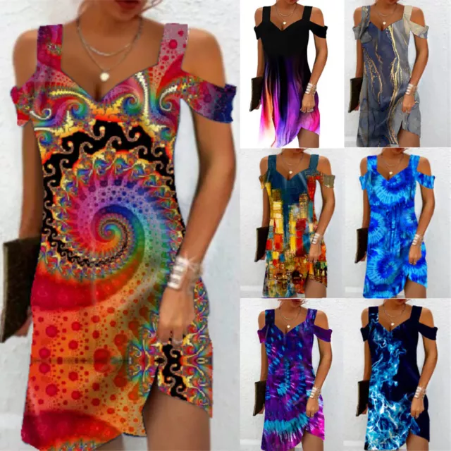Uk Womens Cold Shoulder V Neck Print Dress Ladies Summer Boho Sundress Plus 《