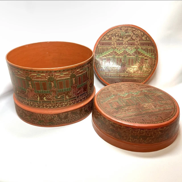 Burmese Betel Box Deep Orange Round Lacquer Hand Painted With 2 Lids 3 Piece Set