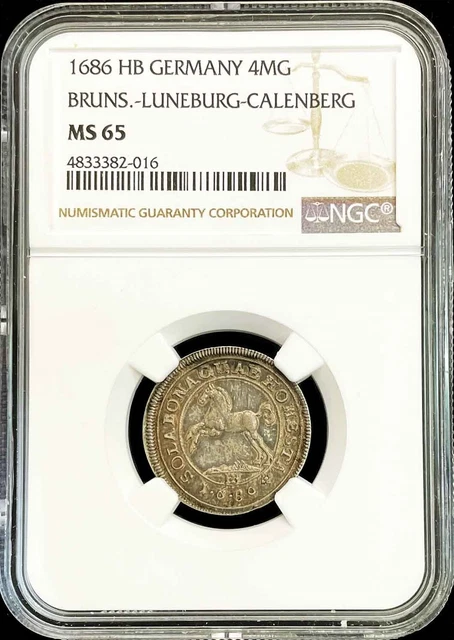 1686 Silver Brunswick Luneburg-Cal Germany 4 Mariengroschen Augustus Ngc Ms 65