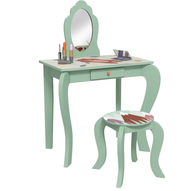 Vestidor para niños ZONEKIZ con espejo, taburete, cajón, lindo diseño animal, verde