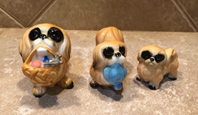 Vintage Pekinese Dog Family Bone China Figurines