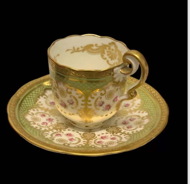 Cauldon Hand Painted Emerald Green Pink Roses Raised Gold Demitasse & Saucer Vtg