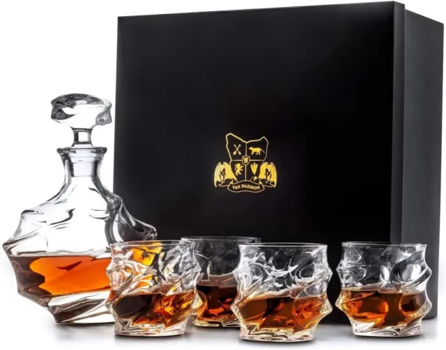 W VAN DAEMON Whisky Decanter 750ml & Set of 4 Whiskey Glasses 300ml | NEW BOXED