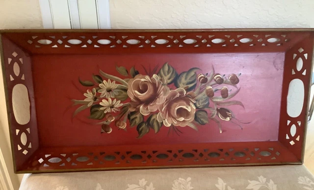 Vintage~Large 22" Tole Tray Floral Roses Hand Painted Filagree handles Toleware