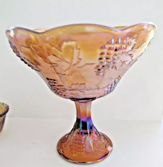 Indiana Glass Marigold Carnival Glass Harvest Grape Compote Pedestal Bowl 8 1/2"
