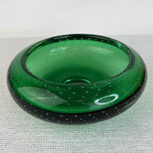 Vintage Hand Blown Green Glass Bowl Vase Forced Bubbles Heavy Small Chip Medium