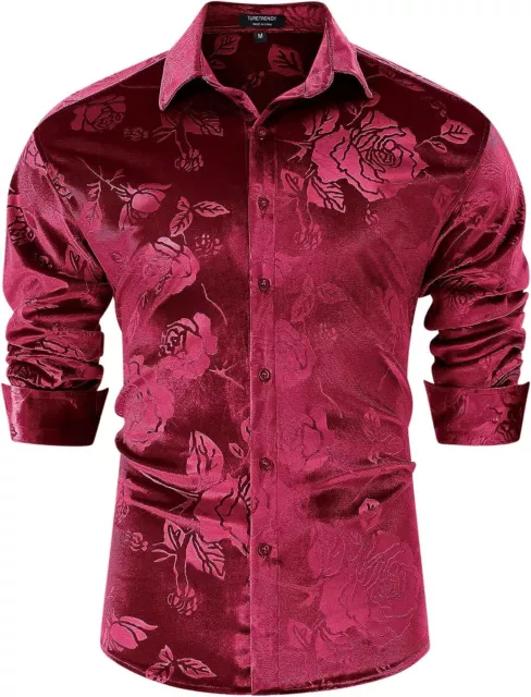 TURETRENDY Men's Velvet Shirts Floral Printed Rose Shirts Long Sleeve Button Dow