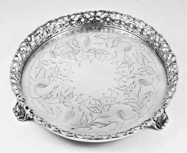 Salver / tray three feet very beautiful engraved work solid silver  19th century