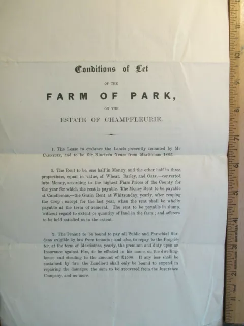 Antique 1865 British UK Farm Property Champfleurie Estate Lease Document