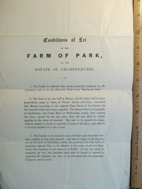 Antique 1865 British UK Farm Property Champfleurie Estate Lease Document