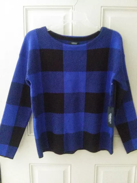 NWT JONES & CO New York Size Large Sweater Soft Long Sleeve Blue Black Plaid