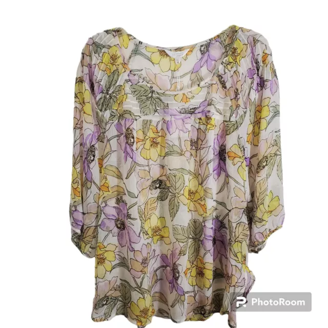 LC Lauren Conrad Women's Sheer Pintuck Peasant Floral Boho Blouse NWT Size XL