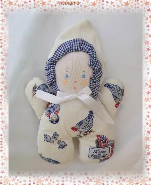 Doudou Poupée Lutin Tissu Imprimé Poule Poussins Vichy Bleu Tartine Et Chocolat