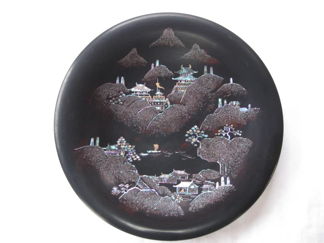 Japanese Shell Inlay Picture VINTAGE JAPANESE MARUNI Black Metal Abalone Shell Inlayed Wall Hanging ...
