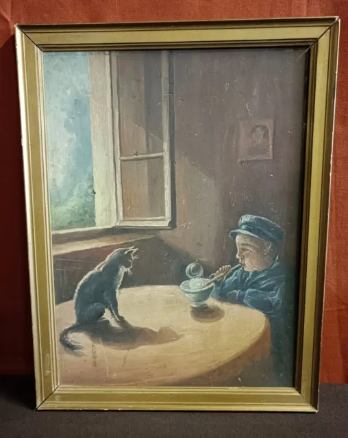 Dipinto olio su tavola con firma raffigurante gatto con bambino