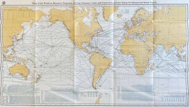 Old Chart of the World on Mercator's Projection - Submarine Cables - World Map