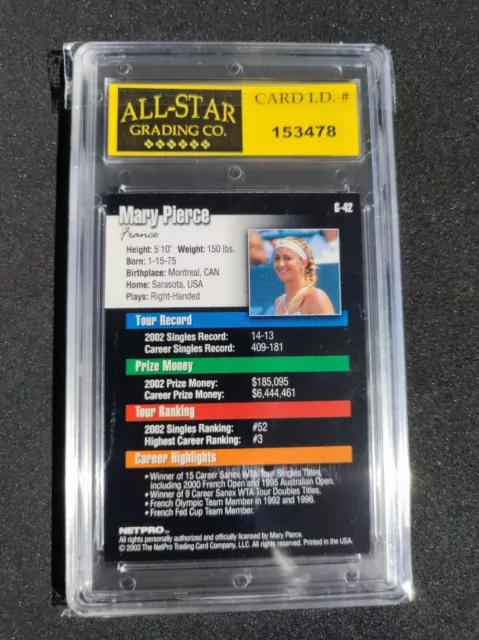 2003 Mary Pierce ALL STAR Grading Co. 10 Mint or Higher NETPRO TENNIS 2