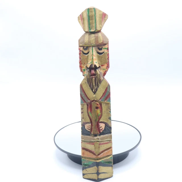 Antique Folk Art Carved Polychrome Painted Wood Idol Man Holding Fish 13"