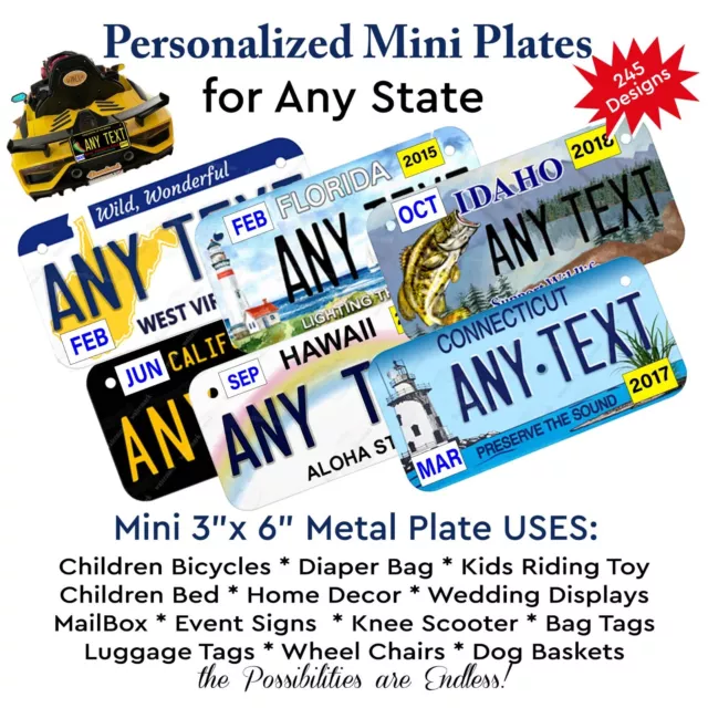 Any State Mini License Plate Metal Tags Personalized for bicycles Kid riding Toy