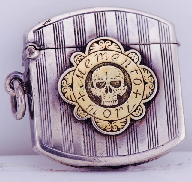 ANTIQUE SILVER VESTA Case Victorian Memento Mori Skull Engraved c1890's ...