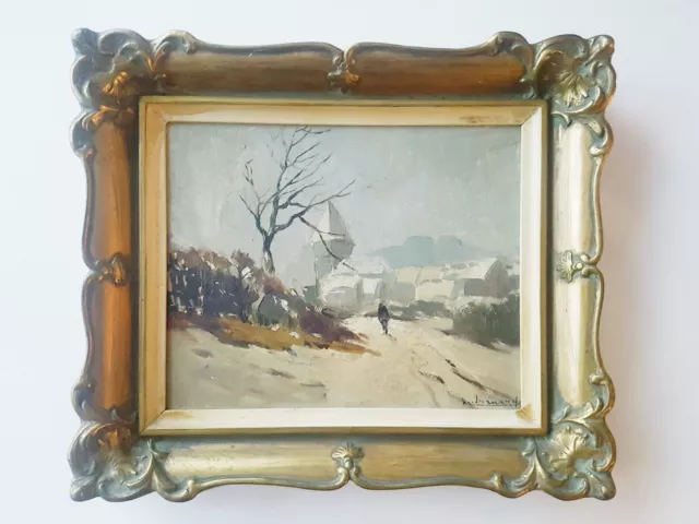 Peinture huile signée Bernard, paysage sous la neige, 1ère moitié XXème siècle