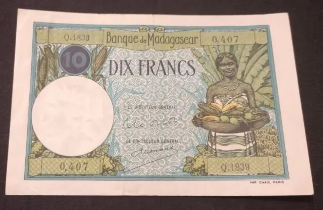 Billet de 10 Francs, Banque de Madagascar 1937, Undated, TTB+