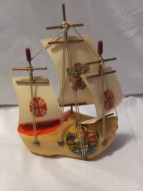 Vintage Souvenir of Holland Solid Wood Hand Painted Shoe Tall Sail Ship Boat