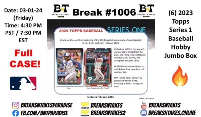 CHICAGO CUBS 2024 Topps Series 1 Baseball Jumbo CASE 6 BOX Break 1006