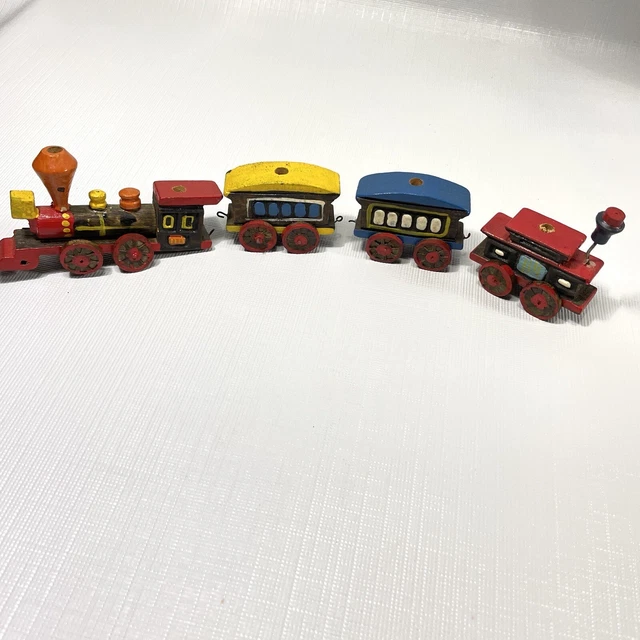 VINTAGE 4 PIECE Wood Train Birthday Cake Topper Candle Holders Japan
