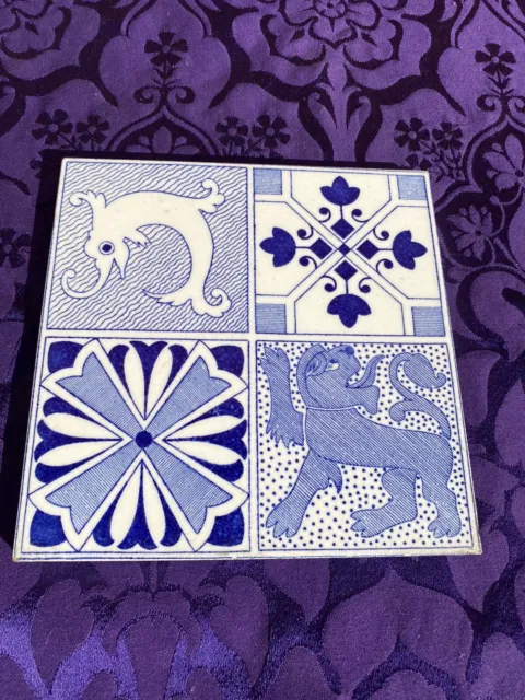 Lovely Stylish Antique Quartered Arts & Crafts Tile Featuring Seahorse, Lion (4) 2