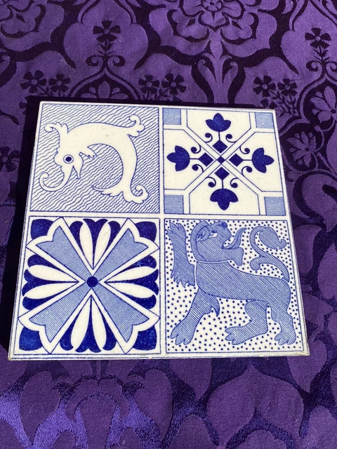 Lovely Stylish Antique Quartered Arts & Crafts Tile Featuring Seahorse, Lion (4) 2