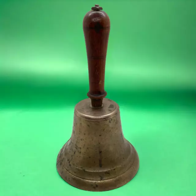 Vintage Brass School Bell Hand Held Wood Handle 8" x 4.5" **NEEDS WORK READ**