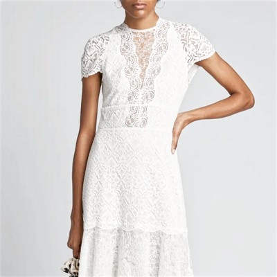 Jonathan Simkhai Multimedia White Lace Short Sleeve Tiered Midi Dress