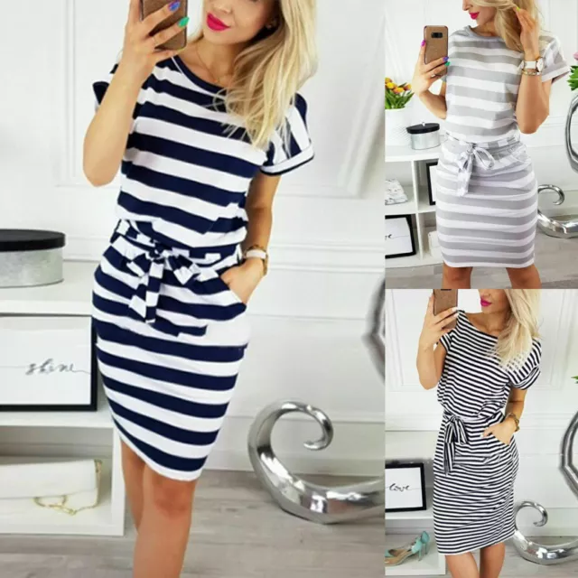 Women Striped Short Sleeve T-Shirt Dress Summer Waist Tie Casual Wrap Mini Dress