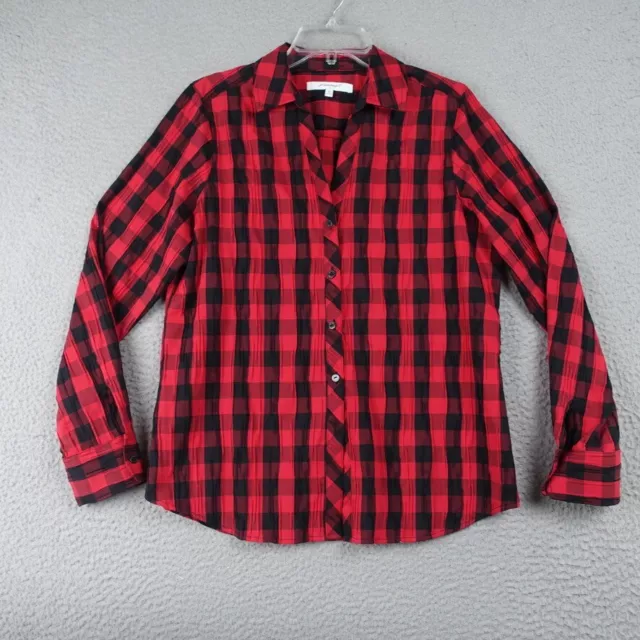 Foxcroft Mary Crinkled Buffalo Check Long Sleeve Shirt Red Black Women's Size 10