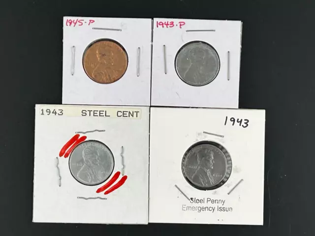 Lot of (4) 1943 1945 P D  Lincoln Wheat Cent Penny 1C Steel